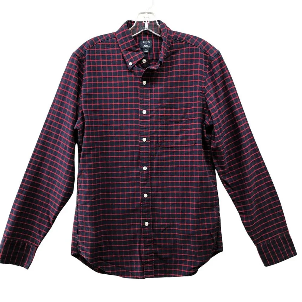 J. Crew Flex Oxford Shirt Mens S Slim Fit Long Sleeve Navy Blue Red Check Plaid